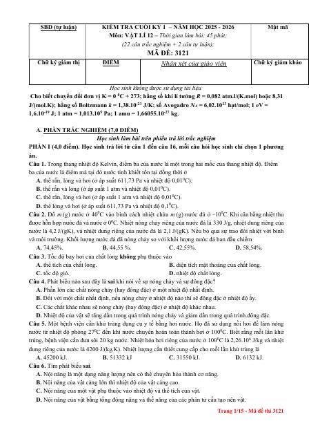 Đề thi Học kì 1 Vật lí 12 năm 2025-2026 trường THPT Lương Thế Vinh (TP Hồ Chí Minh)